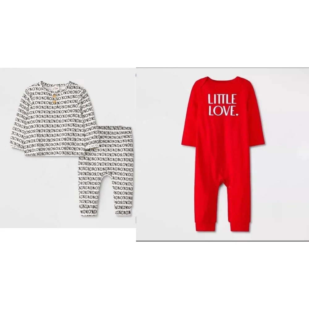 Cat & Jack Valentines Day XOXO Ribbed Top & Bottom Set & Little Love Onesie 12M